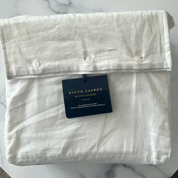 Ralph Lauren RL Linen Contrast Full/Queen Duvet Cover in White Pebble, NWT $500
